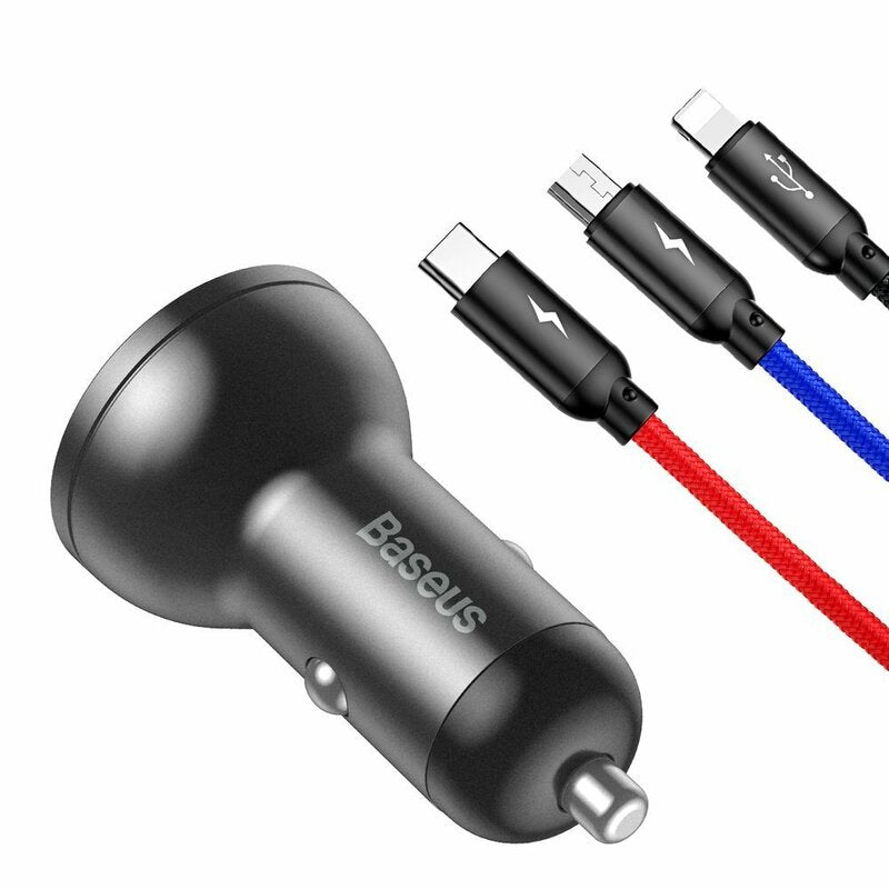 INCARCATOR auto Baseus Digital Display,Quick Charge 24W,2 x USB 5V/4.8A,contine cablu 3 in 1: USB la USB Type-C,microUSB si Lightning de 1.2m, gri "TZCCBX-0G" - 6953156215405