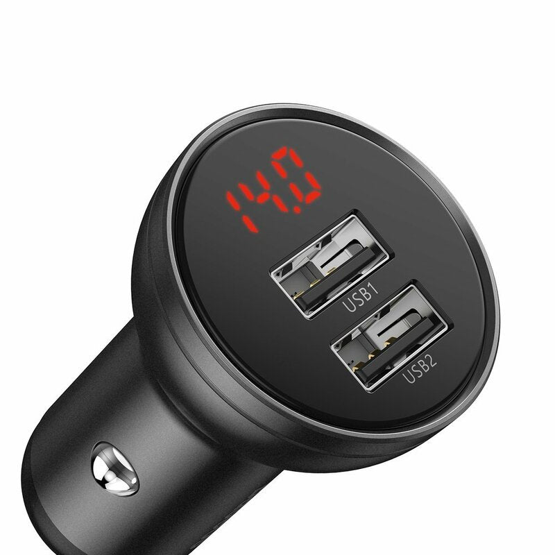 INCARCATOR auto Baseus Digital Display,Quick Charge 24W,2 x USB 5V/4.8A,contine cablu 3 in 1: USB la USB Type-C,microUSB si Lightning de 1.2m, gri 