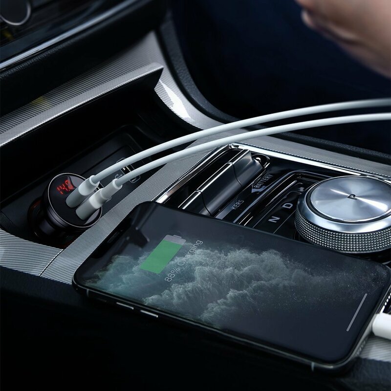 INCARCATOR auto Baseus Digital Display,Quick Charge 24W,2 x USB 5V/4.8A,contine cablu 3 in 1: USB la USB Type-C,microUSB si Lightning de 1.2m, gri "TZCCBX-0G" - 6953156215405