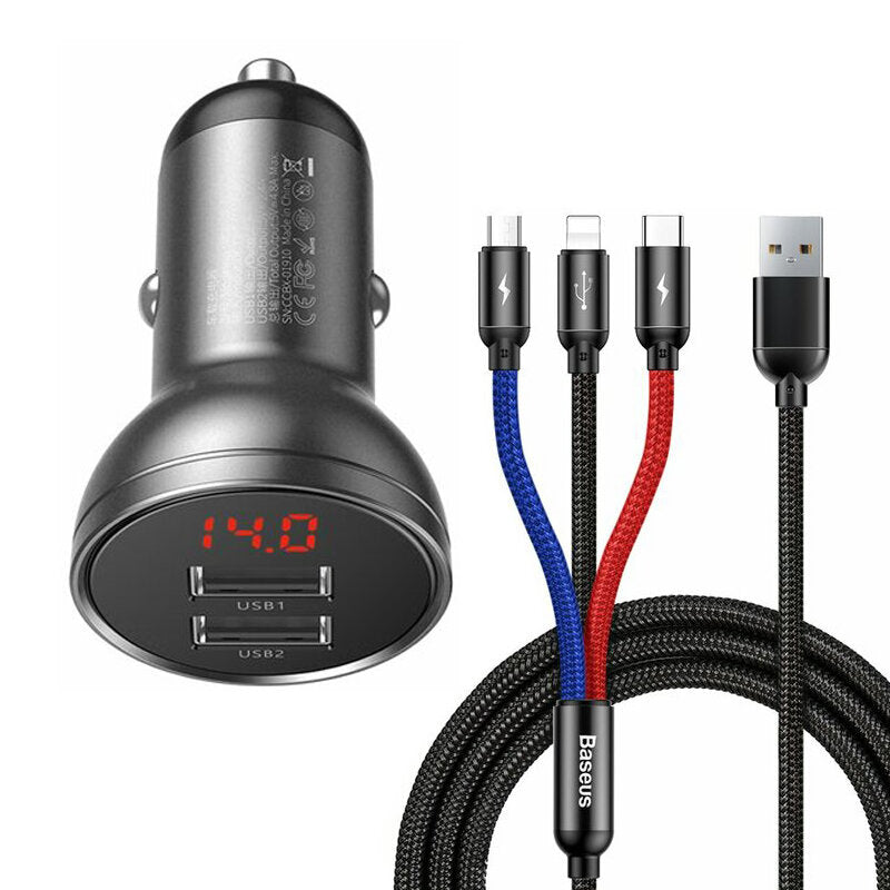 INCARCATOR auto Baseus Digital Display,Quick Charge 24W,2 x USB 5V/4.8A,contine cablu 3 in 1: USB la USB Type-C,microUSB si Lightning de 1.2m, gri "TZCCBX-0G" - 6953156215405