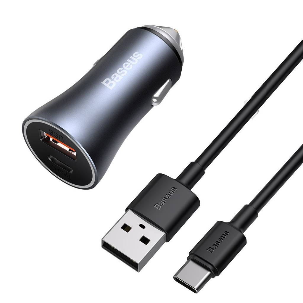 INCARCATOR auto Baseus Golden Contactor,1xUSB Output 5V/3A si 1xUSB Type-C Output 5V/3A,40W,cablu 5A USB la USB Type-C de 1m,pt. bricheta auto,gri "TZCCJD-0G" -6953156201958