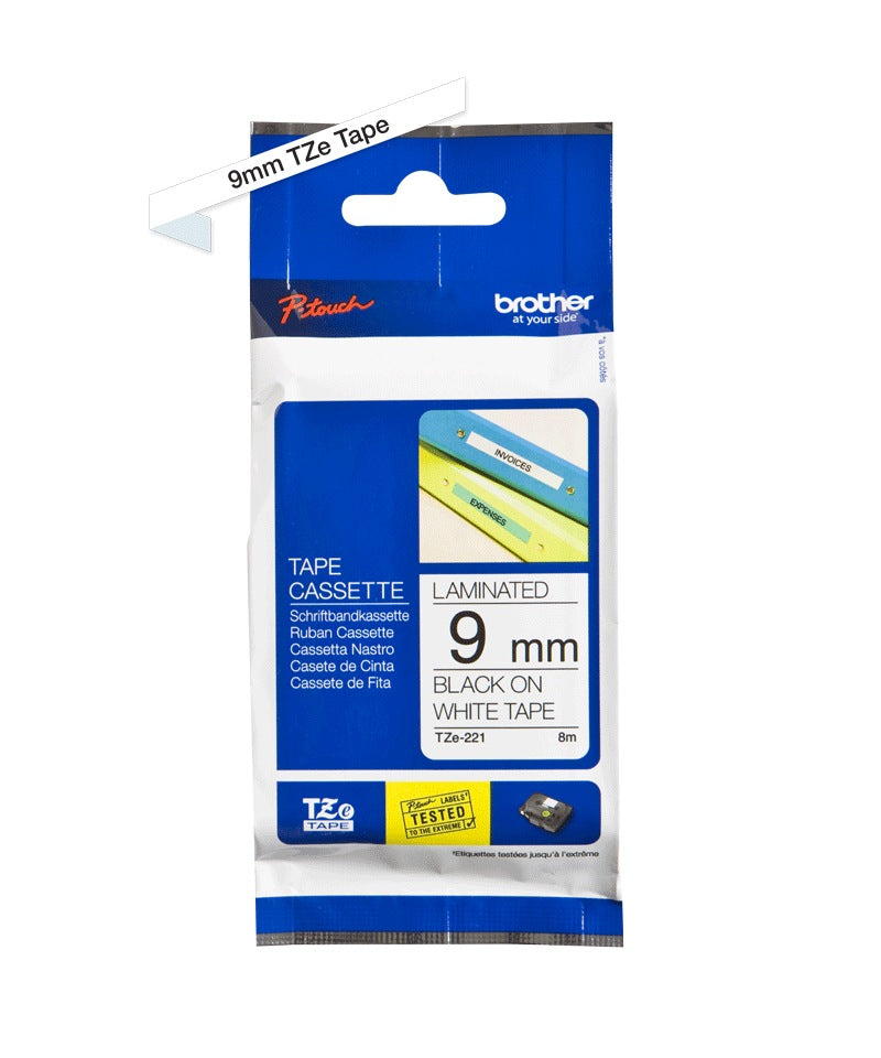 Banda Laminata Original Brother Black on White, TZE221, pentru H105WB|P-TOUCH PT-E110VP|D400|D450|E300VP|E550WVP|H110|H500|P700|P750W|PT-D210|PT-D210VP, 9mm x 8m, incl.TV 0 RON, "TZE221"