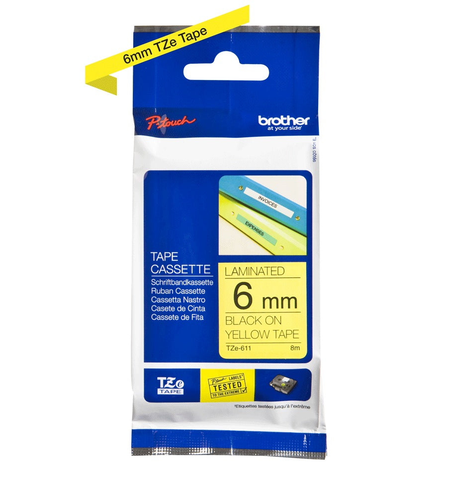 Banda Laminata Original Brother Black on Yellow, TZE611, pentru H105WB|P-TOUCH PT-E110VP|D400|D450|D600VP|E300VP|E550WVP|H110|H500|P700|P750W|PT-D210|PT-D210VP, 6mm x 8m, incl.TV 0 RON, "TZE611"