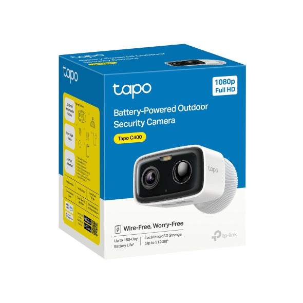 CAMERA IP Exterior TP-LINK, acumulator integrat 5200mAh pana la 180 zile autonomie, IP66, dist. IR 15 m, tip lentila fixa 3.16 mm, 2 Mpx, wireless 2.4Ghz, mic, plastic, slot SD card, "Tapo C400"