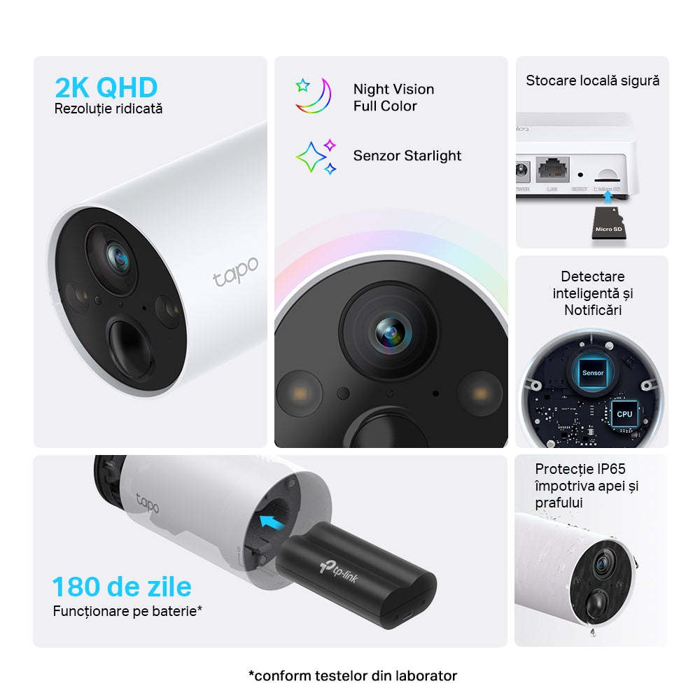 CAMERA IP Exterior TP-LINK, Set 2 buc + HUB, IP66, dist. IR 15 m, tip lentila fixa 3.15 mm, 3 Mpx rezolutie 2K, RJ-45 + wireless, mic, plastic, slot SD card, "Tapo C420S2"