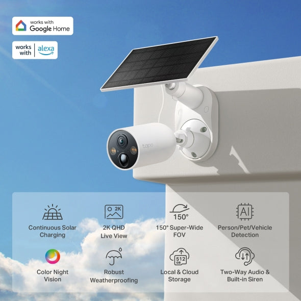 CAMERA IP Exterior cu acumulator TP-LINK, include panou solar, IP66, dist. IR 15 m, tip lentila fixa 3.15 mm, 3 Mpx rezolutie 2K, wireless, microfon, carcasa plastic, necesita HUB, "Tapo C425 KIT"