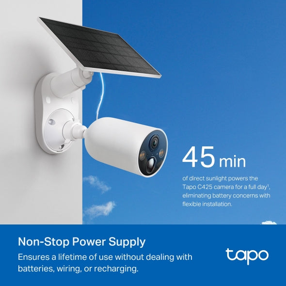 CAMERA IP Exterior cu acumulator TP-LINK, include panou solar, IP66, dist. IR 15 m, tip lentila fixa 3.15 mm, 3 Mpx rezolutie 2K, wireless, microfon, carcasa plastic, necesita HUB, "Tapo C425 KIT"