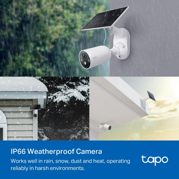CAMERA IP Exterior cu acumulator TP-LINK, include panou solar, IP66, dist. IR 15 m, tip lentila fixa 3.15 mm, 3 Mpx rezolutie 2K, wireless, microfon, carcasa plastic, necesita HUB, "Tapo C425 KIT"