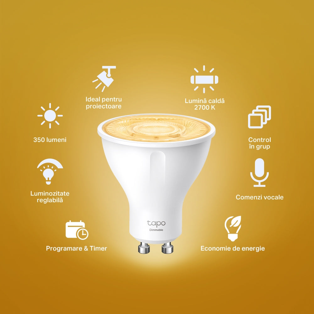 BEC LED wireless TP-LINK, 350lm, 2.9W, fasung GU10, lumina calda 2700K , control prin smartph.cu apl.Tapo, ajustare automata a luminii in fct. de mom zilei "Tapo L610" (include timbru verde 0.60 lei)
