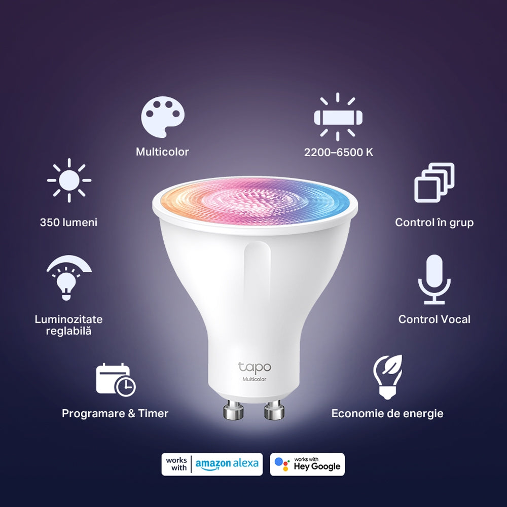 BEC LED wireless TP-LINK, 350lm, 2.9W, fasung GU10, temp culoare 2200K - 6500K,ctr prin smartph.cu apl.Tapo, ajustare auto a luminii in fct. de mom zilei "Tapo L630" (include timbru verde 0.60 lei)