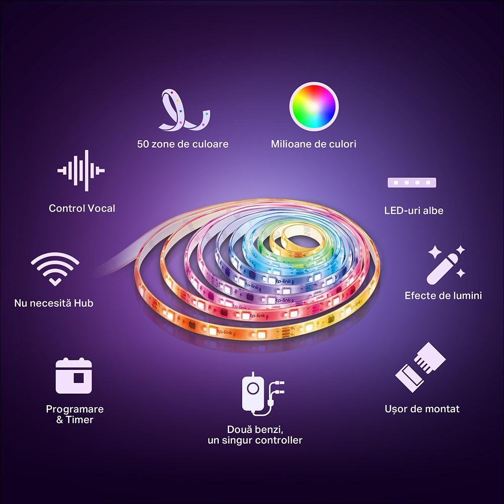 BANDA LED TP-Link Multicolora cu zone de culoare si LED-uri albe, Wi-Fi 2.4 Ghz incorporat,consum 13W/buc, banda 5m, control prin aplicatia Tapo, comenzi vocale "Tapo L930-5"