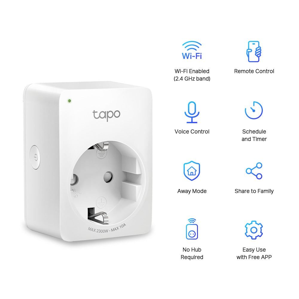 PRIZA inteligenta TP-LINK, Schuko x 1, conectare prin Schuko (T), 10 A, programare prin smartphone, Bluetooth, WiFi, alb "Tapo P100(2-pack)"
