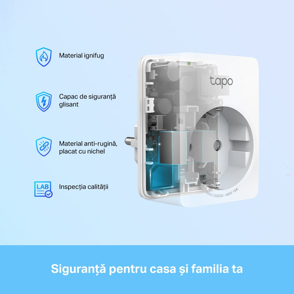 PRIZA inteligenta TP-LINK, Schuko x 1, cu monitorizarea energiei, conectare prin Schuko (T), 16 A, programare prin smartphone, Bluetooth, WiFi, alb "Tapo P110"