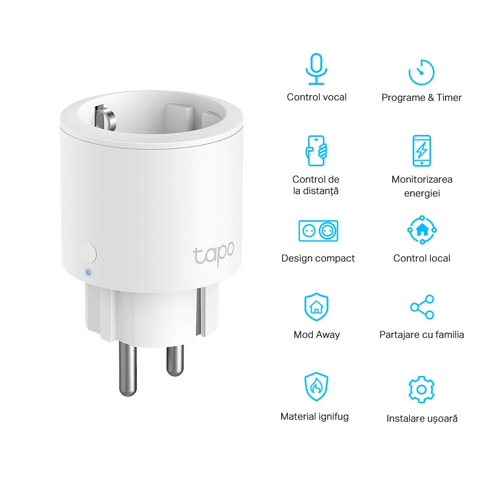 PRIZA inteligenta TP-LINK design compact, Schuko x 1, cu monitorizarea energiei, conectare prin Schuko (T), 16 A, programare prin smartph, BT, WiFi, alb "Tapo P115(1-pack)"