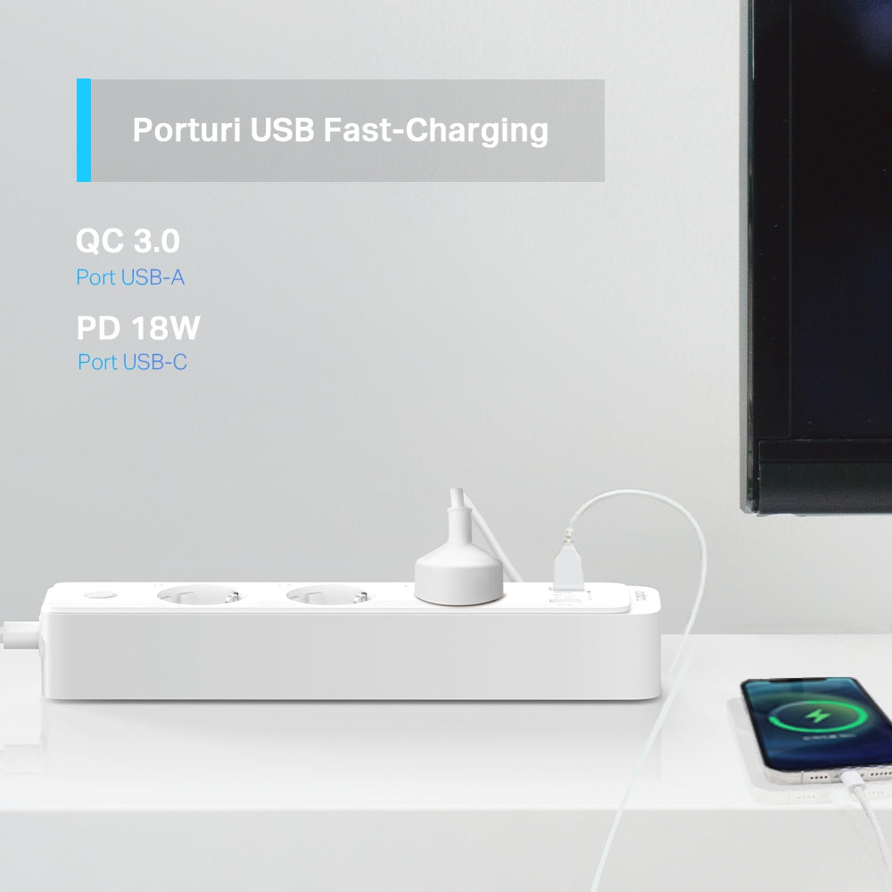 PRELUNGITOR inteligent TP-LINK, Schukox3, USB x 2, USB Type-C x 1, lung cablu 1.5m,monitorizarea energiei, conec Schuko (T), 10 A,prog prin smartph, BT, WiFi, alb "Tapo P300"