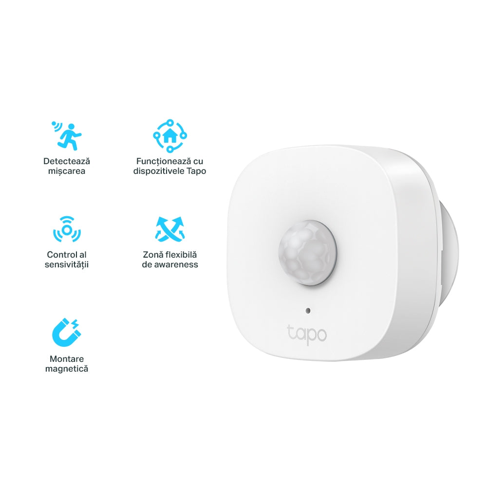 SENZOR SMART de miscare TP-LINK, necesita hub Tapo H100 pentru functionare, raza pana la 7m, programare prin smartphone aplicatia Tapo, 1xbaterii CR2450, WiFi, alb "Tapo T100"