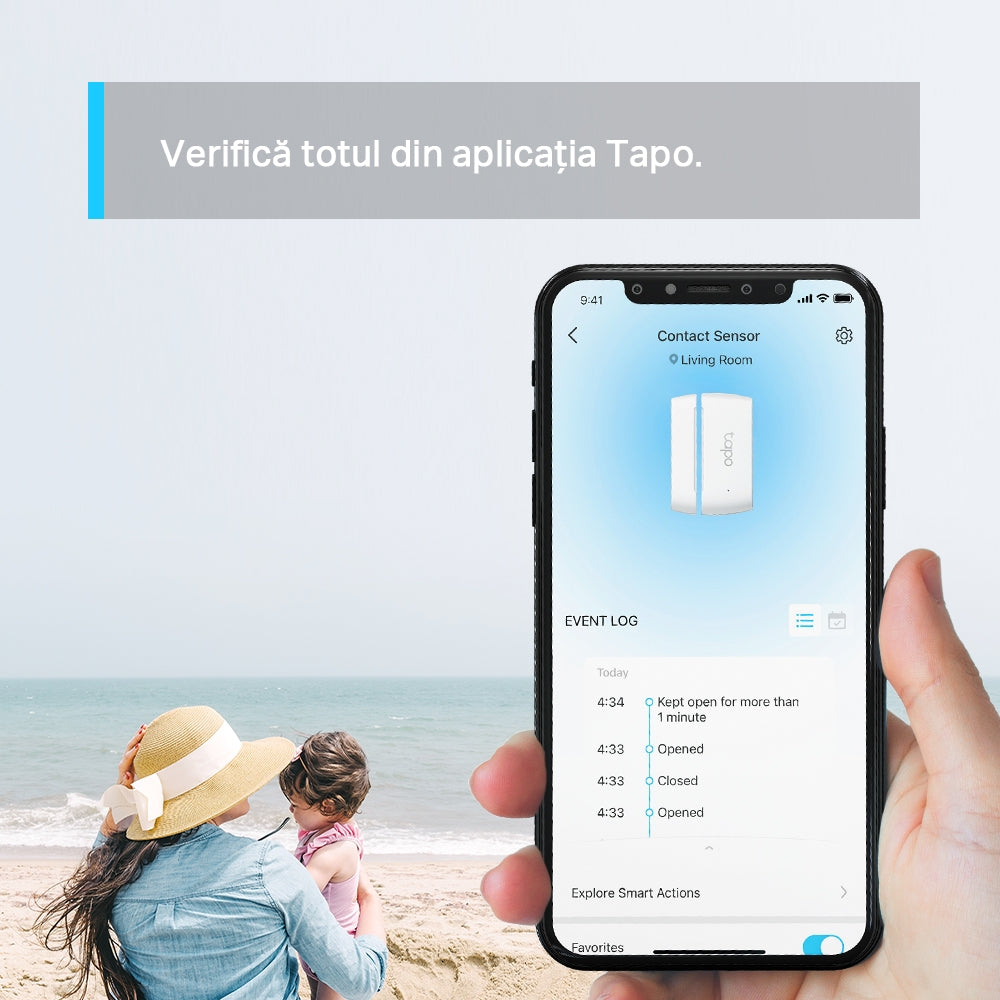 SENZOR SMART de miscare TP-LINK, necesita hub Tapo H100 ptr functionare, securitate pentru ferestre si usi, progr smartph aplic Tapo, 1xbaterii CR2450, WiFi, alb "Tapo T110"