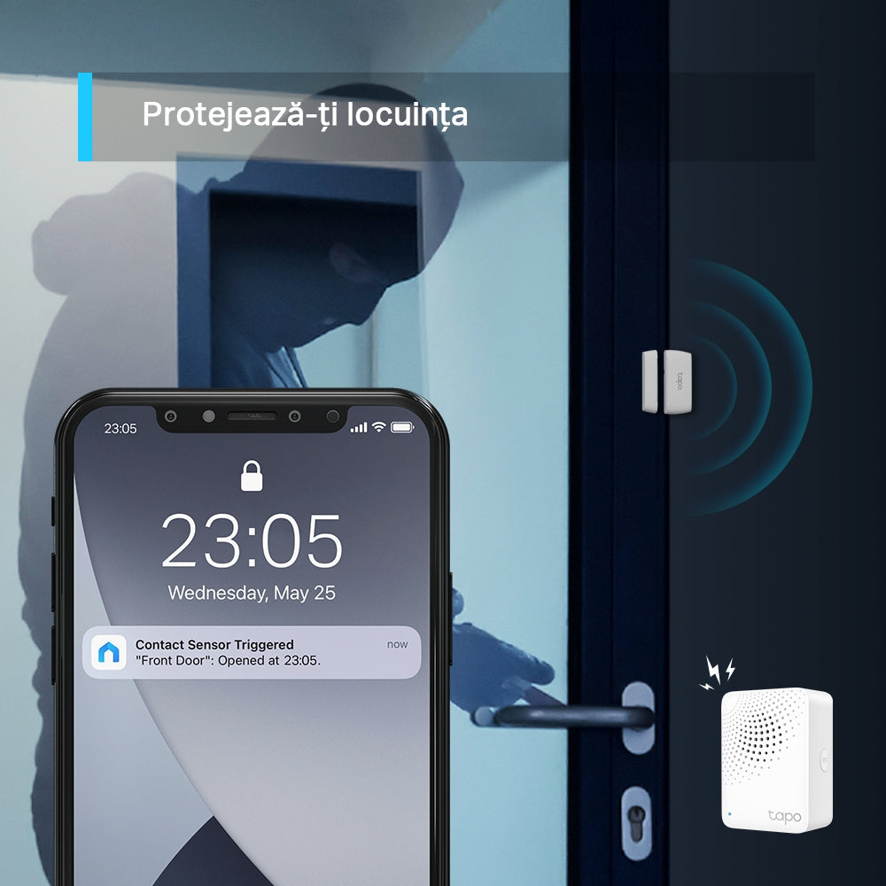 SENZOR SMART de miscare TP-LINK, necesita hub Tapo H100 ptr functionare, securitate pentru ferestre si usi, progr smartph aplic Tapo, 1xbaterii CR2450, WiFi, alb "Tapo T110"