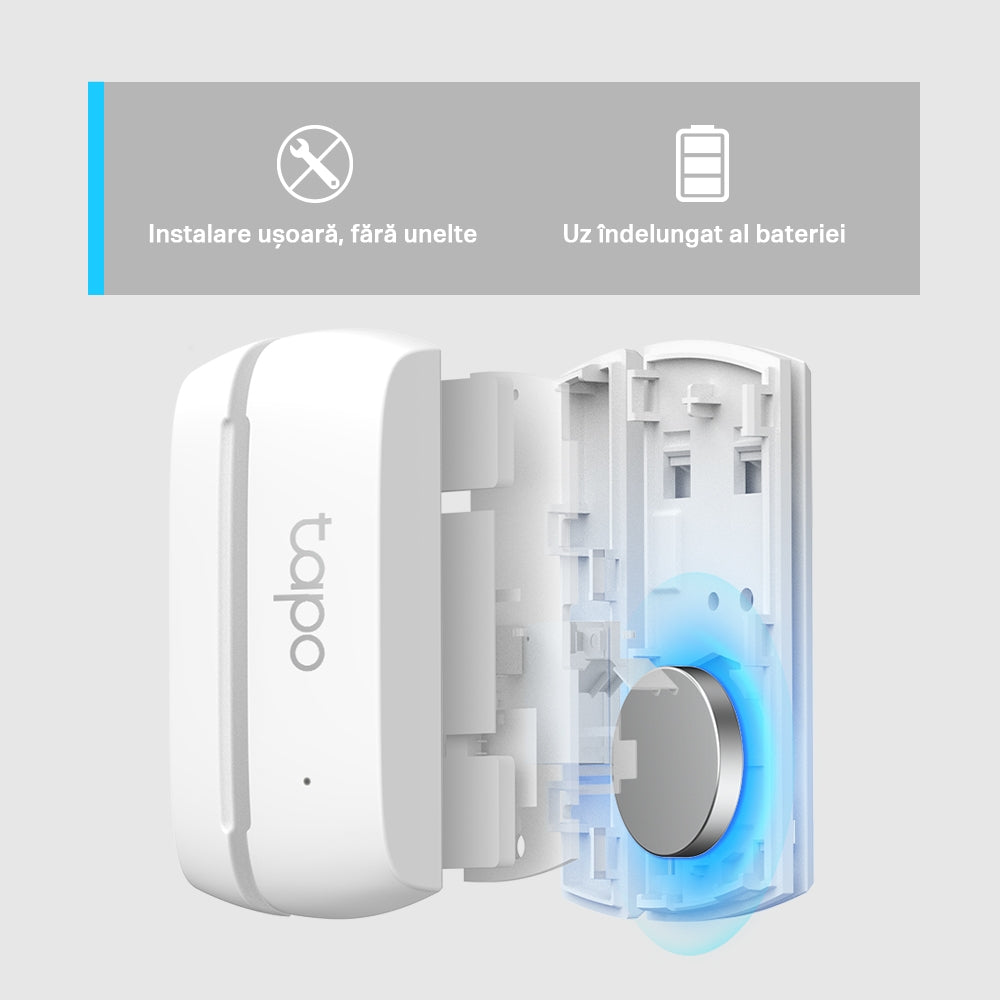 SENZOR SMART de miscare TP-LINK, necesita hub Tapo H100 ptr functionare, securitate pentru ferestre si usi, progr smartph aplic Tapo, 1xbaterii CR2450, WiFi, alb "Tapo T110"