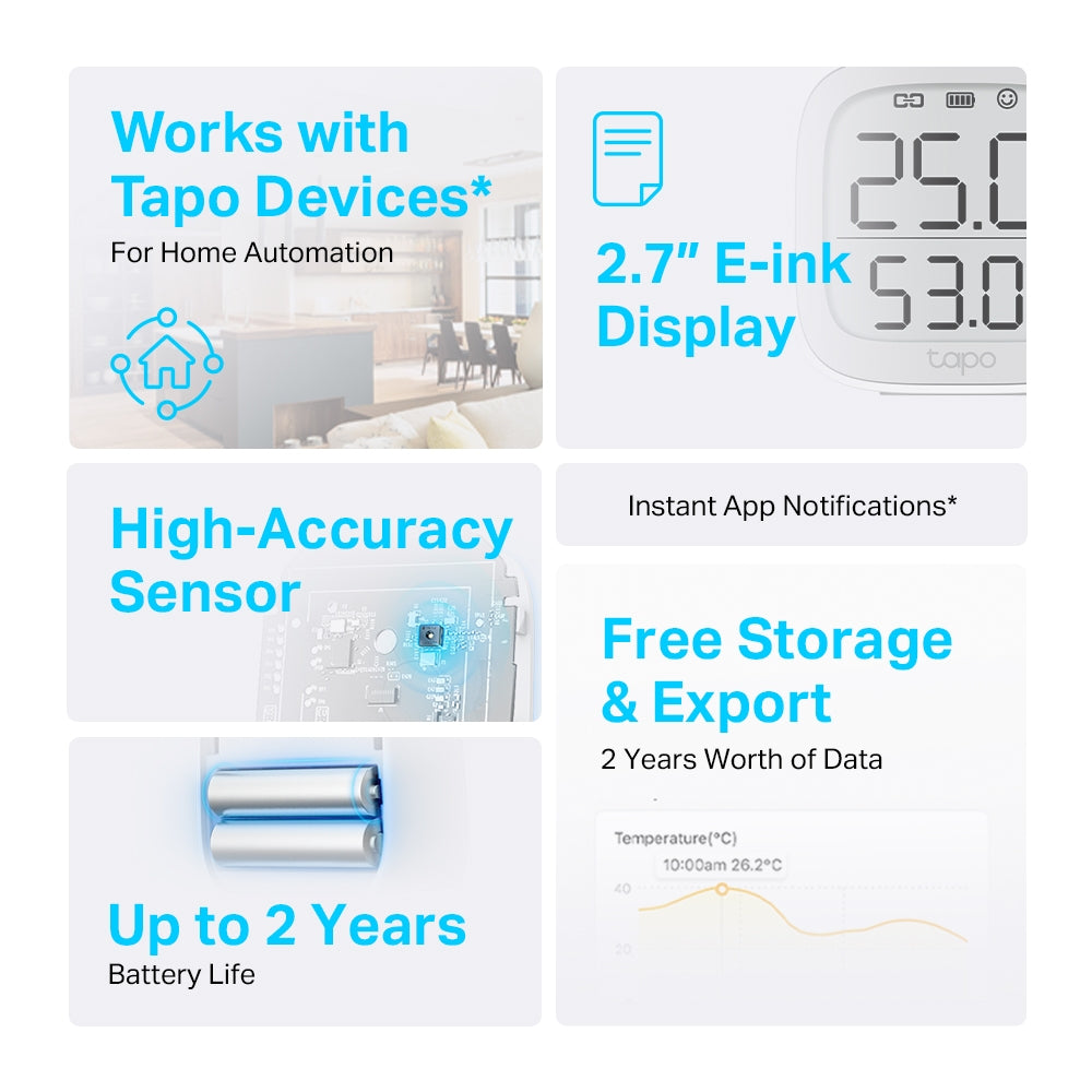 SENZOR SMART de temp si umiditate TP-LINK, necesita hub Tapo H100 ptr functionare,programare prin smartph aplic Tapo,display 2.7" E-ink, 2xbaterii AAA,WiFi, alb "Tapo T315"