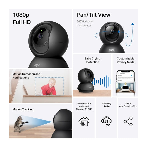 CAMERA IP TP-LINK, wireless, cube, pt. interior, dist. IR 9 m, tip lentila fixa 4 mm, 2 Mpx, microfon, carcasa plastic, slot SD card, negru "Tapo C201"