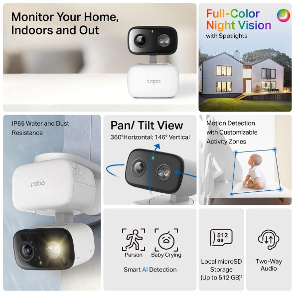 CAMERA IP TP-LINK, wireless, cube, pt. interior/exterior, dist. IR 12 m, tip lentila fixa 4 mm, 1920 × 1080 px, microfon, carcasa plastic, slot SD card, "Tapo C206"