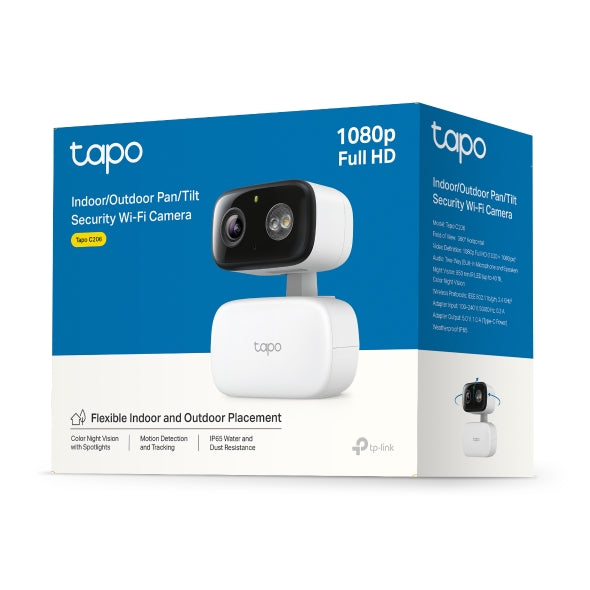 CAMERA IP TP-LINK, wireless, cube, pt. interior/exterior, dist. IR 12 m, tip lentila fixa 4 mm, 1920 × 1080 px, microfon, carcasa plastic, slot SD card, "Tapo C206"