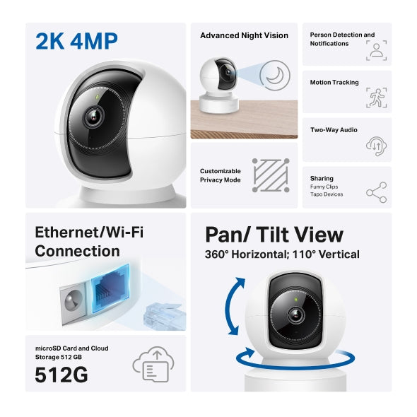 CAMERA IP TP-LINK, cube, pt. interior, wireless + 1×10/100 Mbps RJ45, dist. IR 12 m, rotatie 360 grade, 4 MP, 2K QHD (2560 × 1440 MP), microfon, carcasa plastic, slot SD card, "Tapo C222"