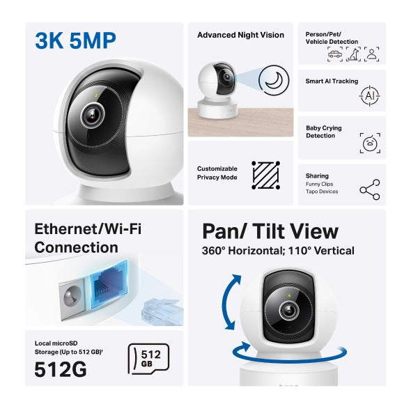 CAMERA IP TP-LINK, wireless + 1 × 100 Mbps RJ45 Port, cube, pt. interior, dist. IR 12 m, tip lentila fixa 4 mm, 3K 4MP (2880 × 1620 px), microfon, carcasa plastic, slot SD card, "Tapo C232"