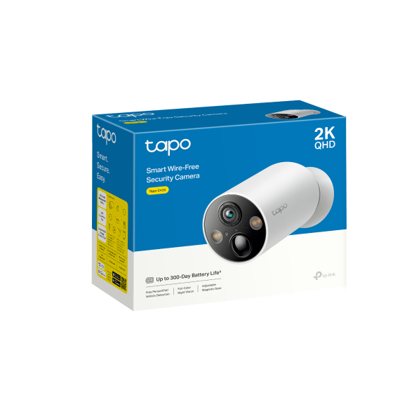 CAMERA IP Exterior cu acumulator TP-LINK, IP66, dist. IR 15 m, tip lentila fixa 3.15 mm, 3 Mpx rezolutie 2K, wireless, microfon, carcasa plastic, necesita HUB, "Tapo C425"