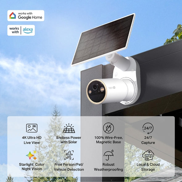 CAMERA IP TP-LINK + PANOU SOLAR, wireless, bullet, pt.exterior, dist. IR 9 m, tip lentila fixa 4 mm, 4K 8MP (3840 × 2160 px), acumulator inclus, microfon, carcasa plastic, slot SD card, "Tapo C460 KIT"