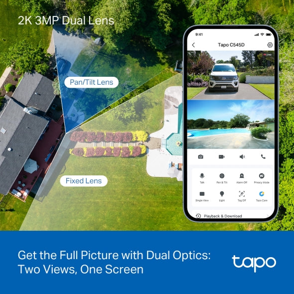 CAMERA IP TP-LINK, wireless, cube, pt. exterior, obiectiv dual si functie pan/tilt, dist. IR 9 m, tip lentila fixa 4 mm, 2 x 2K 3 Mpx, microfon, carcasa metalica, slot SD card, "Tapo C545D"