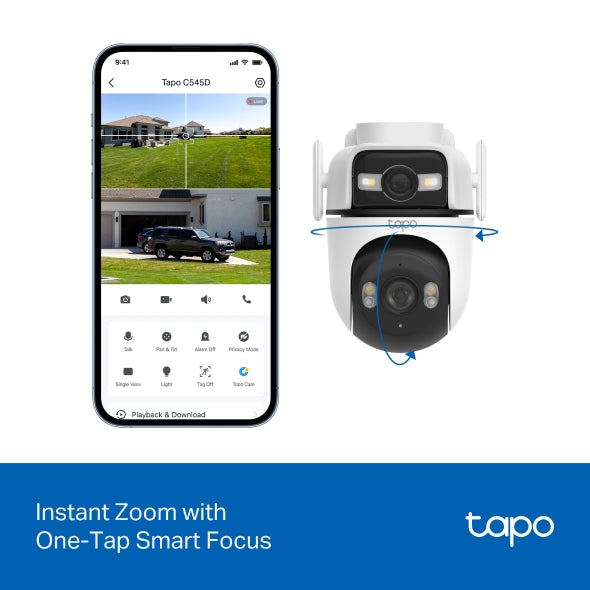 CAMERA IP TP-LINK, wireless, cube, pt. exterior, obiectiv dual si functie pan/tilt, dist. IR 9 m, tip lentila fixa 4 mm, 2 x 2K 3 Mpx, microfon, carcasa metalica, slot SD card, "Tapo C545D"