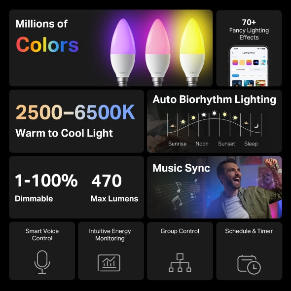 BEC LED wireless TP-LINK, 470lm, 40W, E14, intens reglabila, ctr prin smartph.cu apl.Tapo, ajustare auto a luminii in fct. de mom zilei- diferite culori "Tapo L430C"