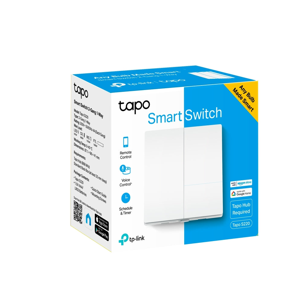 INTRERUPATOR inteligent TP-LINK, necesita hub Tapo H100 pentru functionare, 2 comutatoare, programare prin smartphone aplicatia Tapo, 2 x baterii AAA, WiFi, alb "Tapo S220"