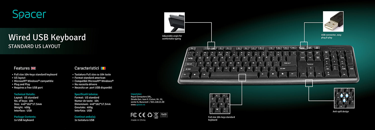 TASTATURA SPACER USB, 104 taste, anti-spill, black, "SPKB-S62"/45505855