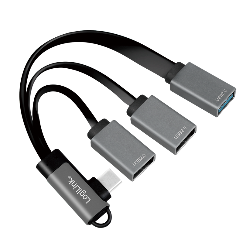 HUB extern LOGILINK, porturi USB: USB 2.0 x 2 + USB 3.0 x 1, conectare prin USB-C 3.2 Gen1 90 grade, 0.15m flat, aluminiu, ecranaj, negru-gri, "UA0361"