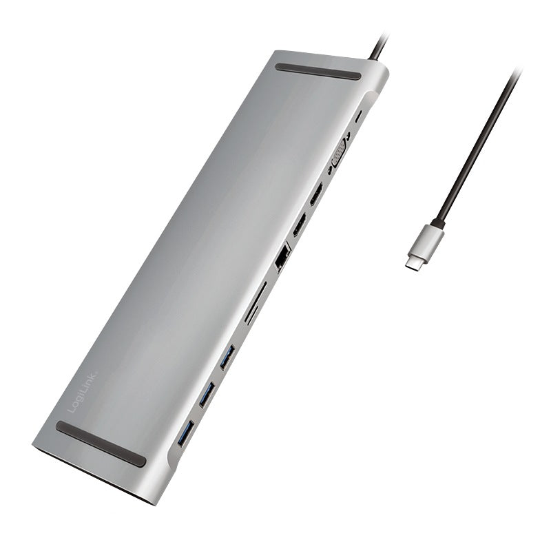 DOCKING Station LOGILINK universal, conectare PC USB TYPE-C 3.2, USB 3.0 x 3, porturi video VGA x 1, HDMI x 2, RJ-45, card reader, PD 3.0 pana la 100W, argintiu, "UA0373"