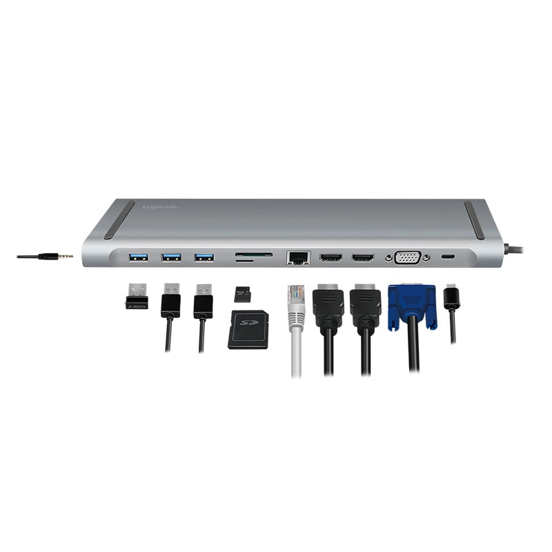 DOCKING Station LOGILINK universal, conectare PC USB TYPE-C 3.2, USB 3.0 x 3, porturi video VGA x 1, HDMI x 2, RJ-45, card reader, PD 3.0 pana la 100W, argintiu, "UA0373"