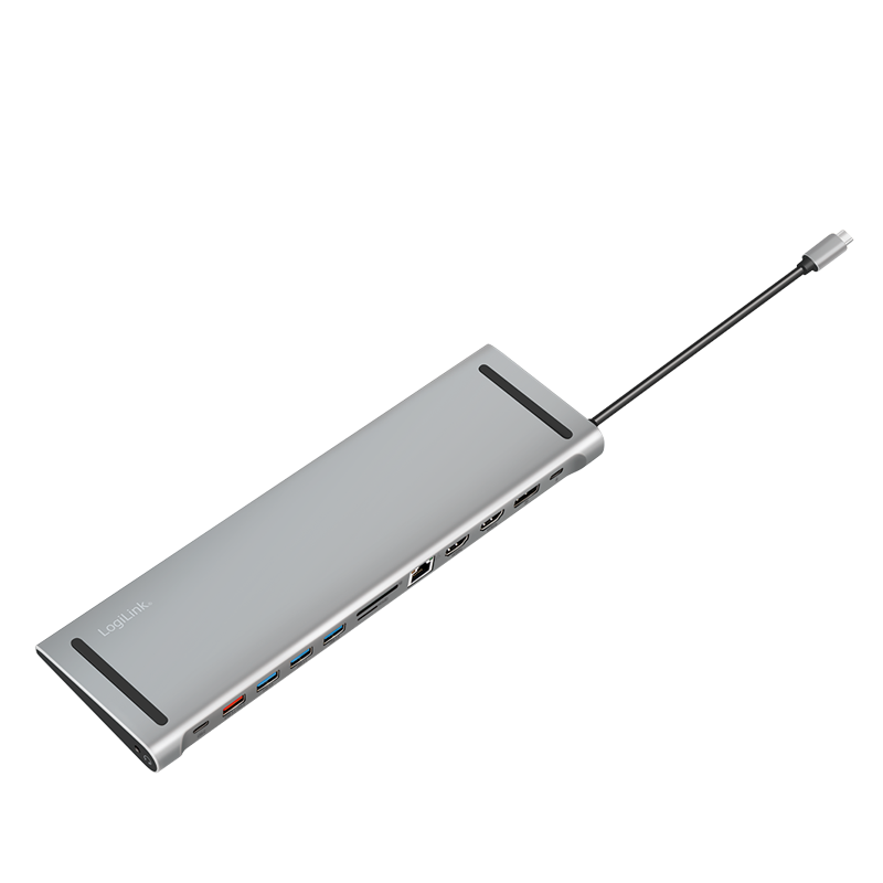 DOCKING Station LOGILINK universal, conectare PC USB TYPE-C 3.2, USB-C PD x 1, USB-C x 1, USB-A 3.0 x 3, porturi video DP x 1, HDMI x 2, RJ-45, 3.5mm x 1, card reader, PD 3.0 pana la 100W, argintiu, "UA0411"