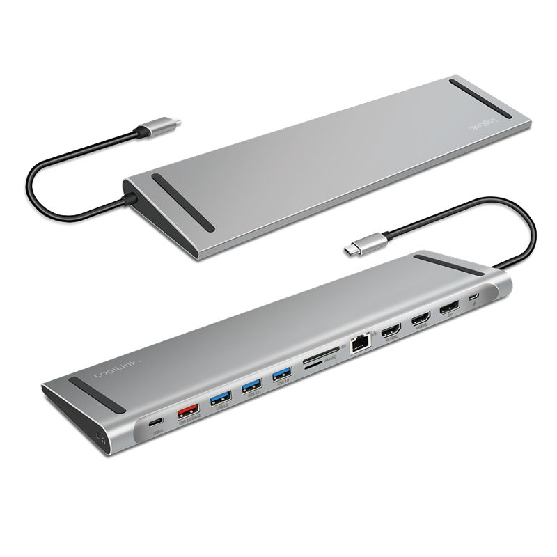 DOCKING Station LOGILINK universal, conectare PC USB TYPE-C 3.2, USB-C PD x 1, USB-C x 1, USB-A 3.0 x 3, porturi video DP x 1, HDMI x 2, RJ-45, 3.5mm x 1, card reader, PD 3.0 pana la 100W, argintiu, "UA0411"