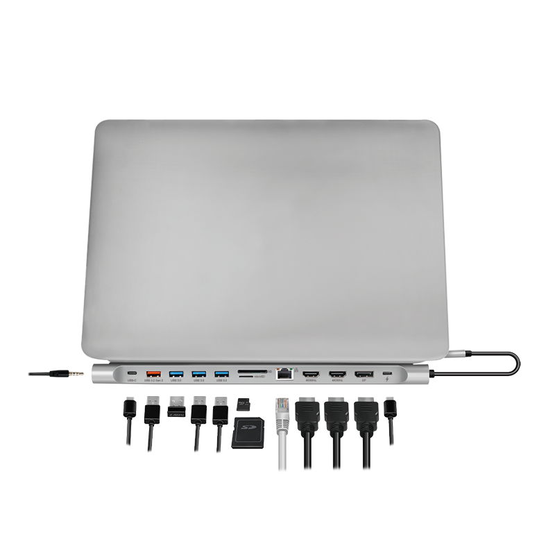 DOCKING Station LOGILINK universal, conectare PC USB TYPE-C 3.2, USB-C PD x 1, USB-C x 1, USB-A 3.0 x 3, porturi video DP x 1, HDMI x 2, RJ-45, 3.5mm x 1, card reader, PD 3.0 pana la 100W, argintiu, "UA0411"
