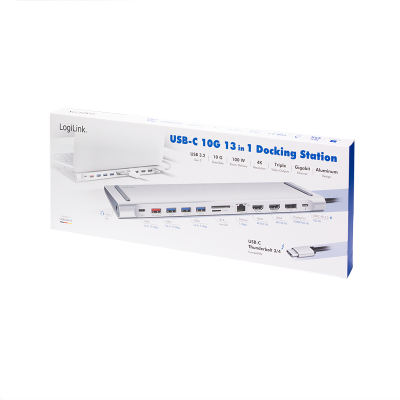 DOCKING Station LOGILINK universal, conectare PC USB TYPE-C 3.2, USB-C PD x 1, USB-C x 1, USB-A 3.0 x 3, porturi video DP x 1, HDMI x 2, RJ-45, 3.5mm x 1, card reader, PD 3.0 pana la 100W, argintiu, "UA0411"