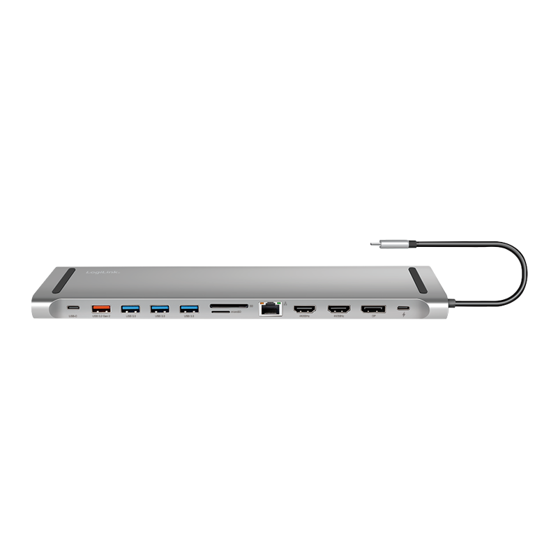 DOCKING Station LOGILINK universal, conectare PC USB TYPE-C 3.2, USB-C PD x 1, USB-C x 1, USB-A 3.0 x 3, porturi video DP x 1, HDMI x 2, RJ-45, 3.5mm x 1, card reader, PD 3.0 pana la 100W, argintiu, "UA0411"