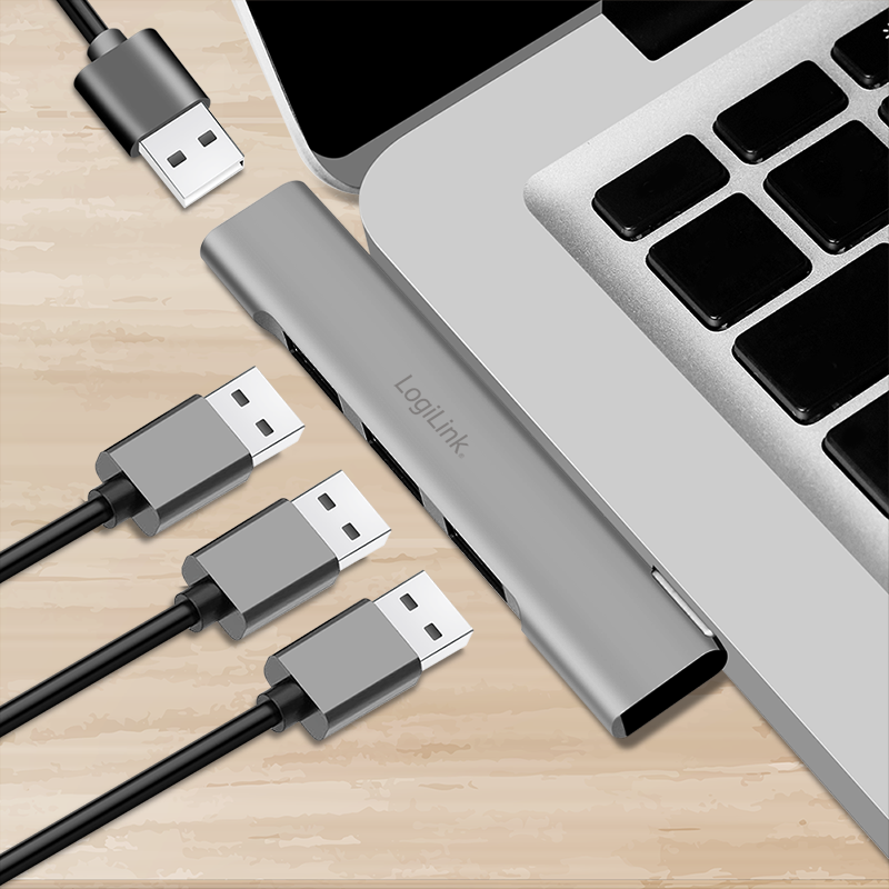 HUB extern LOGILINK, porturi USB: USB-A 3.0 x 1 + USB-A 2.0 x 3, conectare prin USB-C, aluminiu, gri, "UA0437"