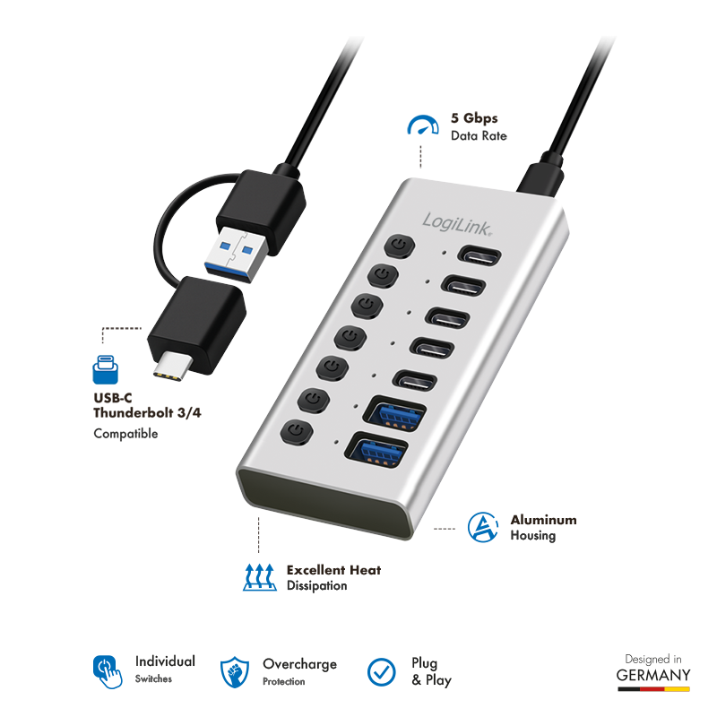 HUB extern Logilink, porturi USB: USB 3.2 x 7, conectare prin USB 2.0, protectie supracurent, metal, argintiu, 