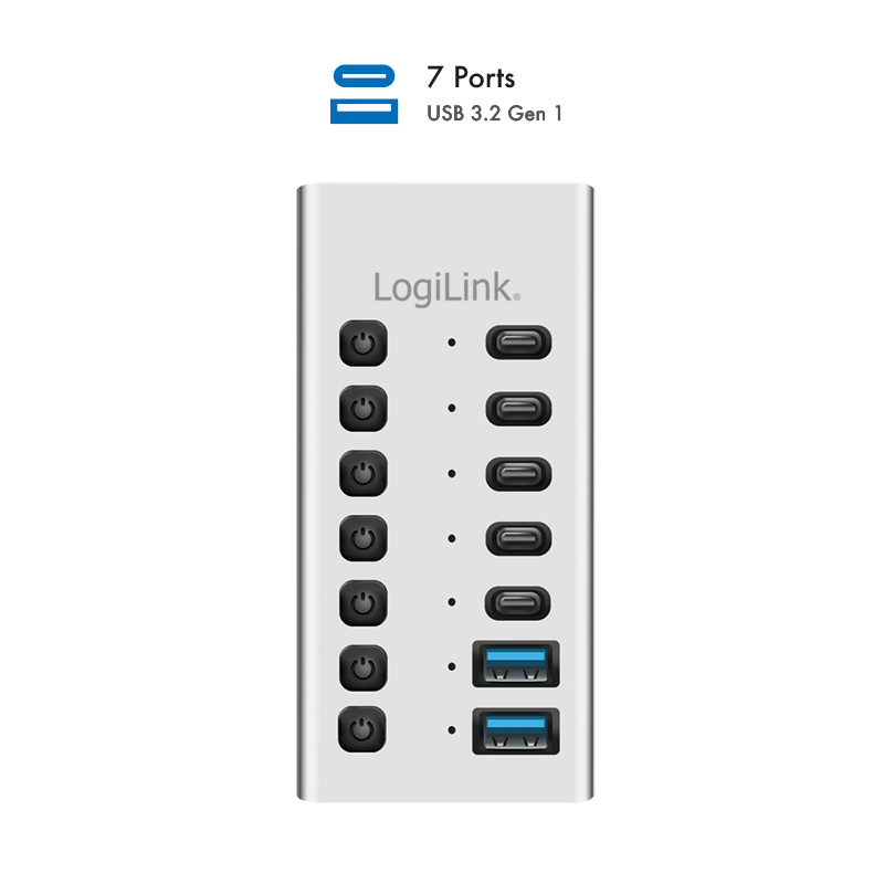 HUB extern Logilink, porturi USB: USB 3.2 x 7, conectare prin USB 2.0, protectie supracurent, metal, argintiu, 