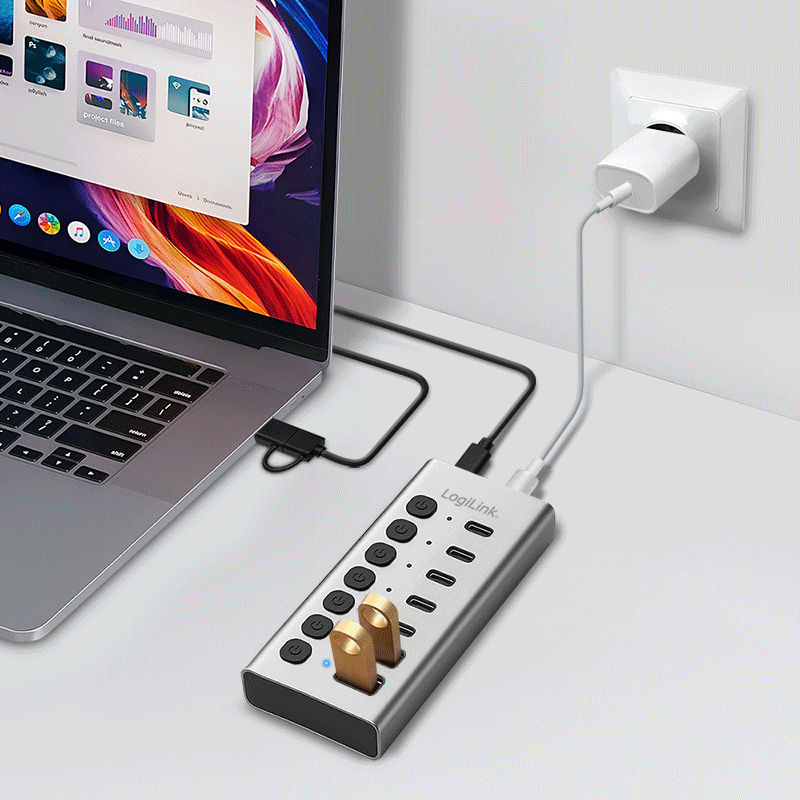 HUB extern Logilink, porturi USB: USB 3.2 x 7, conectare prin USB 2.0, protectie supracurent, metal, argintiu, 