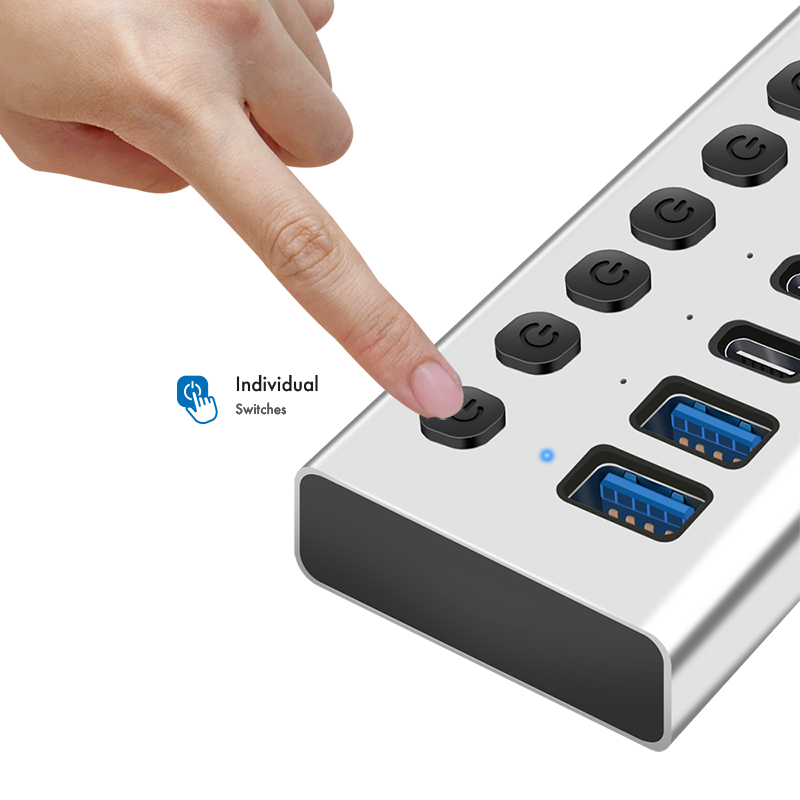 HUB extern Logilink, porturi USB: USB 3.2 x 7, conectare prin USB 2.0, protectie supracurent, metal, argintiu, 