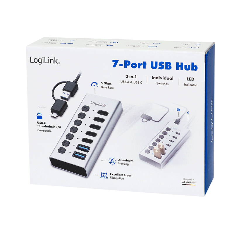 HUB extern Logilink, porturi USB: USB 3.2 x 7, conectare prin USB 2.0, protectie supracurent, metal, argintiu, 